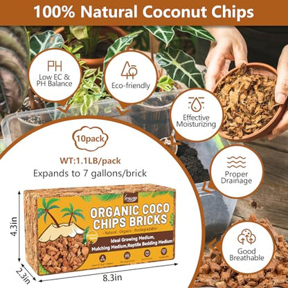 10 Pack Coco Chips for Plants- 11lb Organic Coconut Husk Potting Mix | Coconut Mulch Coco Husk Chips for Garden, Potted Plants, Orchid Repotting Soil Mix, High Expansion & Moisture Retention - size: 10 Pack