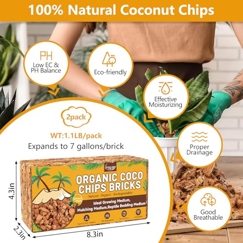 2 Pack Coco Chips for Plants- 2.2lb Organic Coconut Husk Potting Mix | Coconut Mulch Coco Husk Chips for Garden, Potted Plants, Orchid Repotting Soil Mix, High Expansion & Moisture Retention - size: 2 Pack