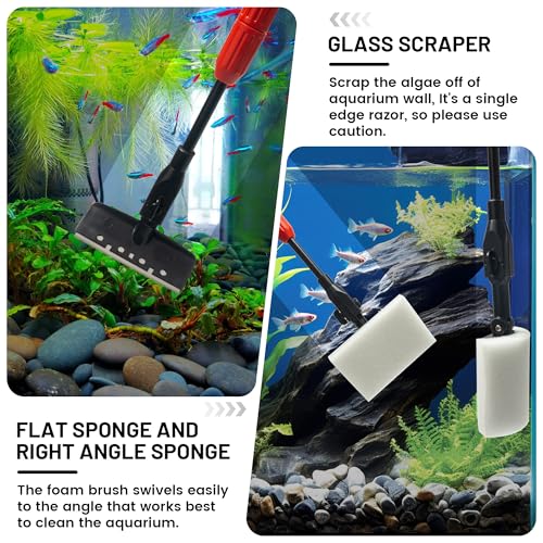 Aquarium Glass Cleaner, 7 in 1 Algae Remover for Fish Tank, Aquarium Cleaning Kit with Long Handle, Aquarium Net, Algae Scraper, Sponge Brush