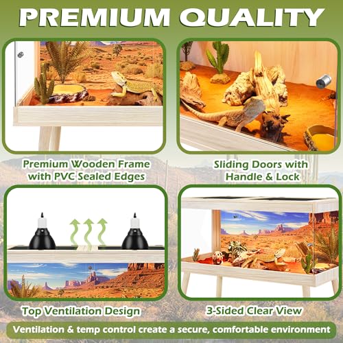 ROYXEN Bearded Dragon Tank with Leg Stand,82 Gallon Tempered Glass Reptile Tank with Metal Mesh Top, 3-Side Clear Anti-Scratch Glass Lizard Tank,Snake Tank for Reptile Habitat (Oak,48" Length) - color: Oak, size: 82Gal,48x20x20inch