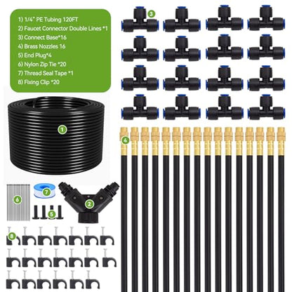 Drip Irrigation System Kit with 16 Pcs Adjustable Brass Nozzles & Bendable Spay Arm,120ft Garden Watering Misting System for Outdoor Raised Bed, Potted Plant, Yard, Greenhouse - size: 120ft+16pcs nozzles and connectors