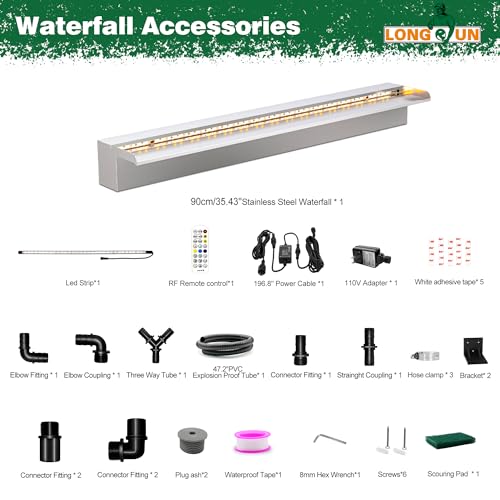 LONGRUN Waterfall Pool Fountain, Updated 5.9'' Wider Open Lip Stainless Steel Waterfall Spillway, Decorative Water Feature for Swimming Pools, Koi Ponds, Spa & Garden - 35.4'' - size: 35.4 inch Stainless Steel(Short-beaked)