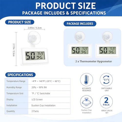 2 Pcs Suction Cup Reptile Thermometer Hygrometer, Fast-Read °F/°C Digital Temp&Humidity Gauge for Terrarium Tank Enclosure,for Gecko,Bearded Dragon,Snake,Tortoise,Hermit Crab,Jumping Spider (White) - color: White
