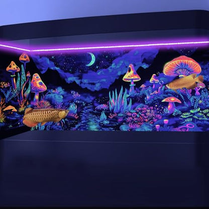 24X12IN Blacklight Mushroom Flower Black Light Aquarium Background, UV Fish Tank Background Moonlight Mountain Forest Landscape Terrarium Background with 10 EVA Double-Sided Tape - size: 24X12in/60X30cm