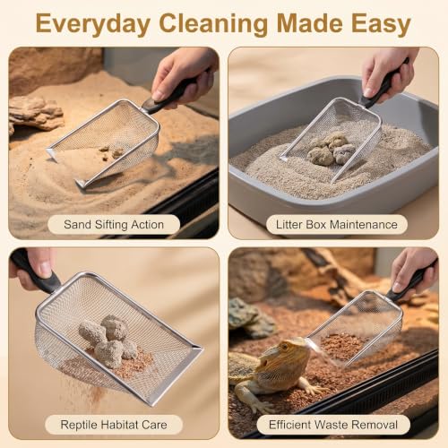 Chedin Stainless Steel Mesh Litter Scoop,Fine Mesh Metal Cat Litter Scooper with Non-Slip Handle,Reptile Sand Sifter for Cat Litter Box & Reptile Terrarium Waste
