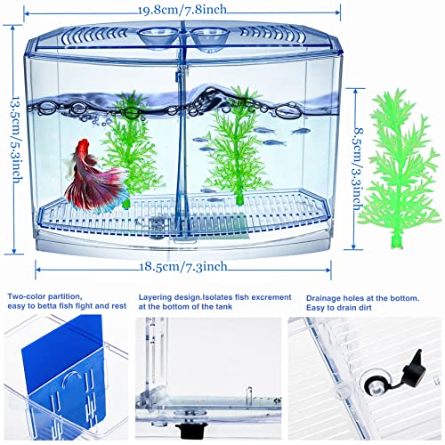 Mini Fish Tank with Divider, Small Beta Fish Tank Shrimp Tank Small Aquarium, 2/5 Gallon Double-Compartment Temporary Tank - Acrylic Aquarium Habitat for Crab Moss Seaweed Ball