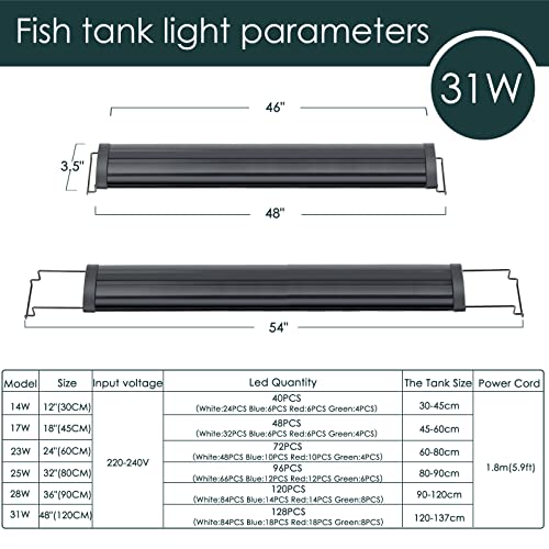 AQQA Aquarium Light,Full Spectrum LED Fish Tank Lights | 12"-54" Adjustable Multi-Color White Blue Red Green LEDs with Extendable Brackets,14W-31W for Freshwater Plants 31W (48"-54") - size: 31W (48"-54")