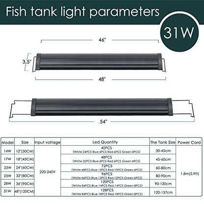 AQQA Aquarium Light,Full Spectrum LED Fish Tank Lights | 12"-54" Adjustable Multi-Color White Blue Red Green LEDs with Extendable Brackets,14W-31W for Freshwater Plants 31W (48"-54") - size: 31W (48"-54")