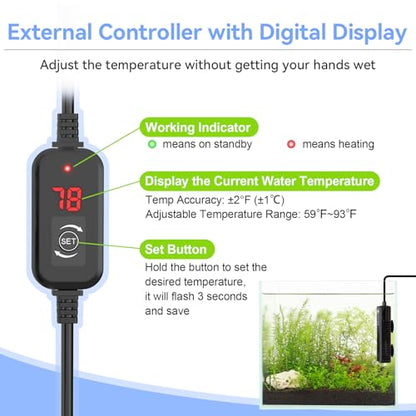hygger Nano Submersible Aquarium Heater for 3-8 Gallon Fish Tank Betta Heater with Digital Display, Adjustable Temperature Controller 30Watt
