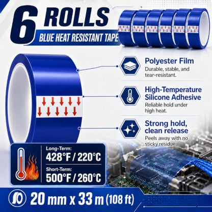 UTNVBTR 6 Rolls 20mm x33m(108ft) Blue Heat Resistant Tape，Heat Transfer Tape for Heat Sublimation Press Vinyl，and Fixing of Electronic Parts During Processing，No Residue