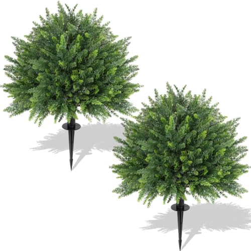 28" Artificial Trees for Outdoors, Set of 2 Cedar Topiary Trees Artificial Outdoor with Ground Spike, UV Resistant Faux Cypress Pine Shrubs, Fake Evergreen Plants for Front Porch, Garden, Indoor - color: 28inch-2pc
