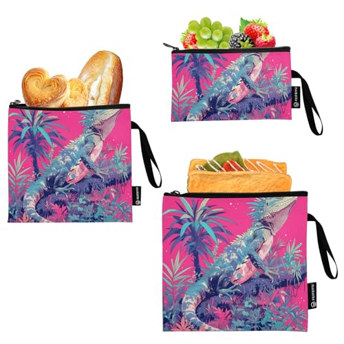 Reptile Peach Tropical Style 3 Pack Reusable Travel Snack Bags Multi-Use Food Storage Bags for Candy, Fruits, Cereal, Home Organization