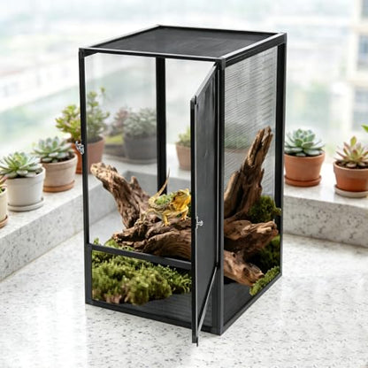 Reptile Feeding Box, Aluminum Alloy Reptile Enclosure with Latch and Removable Top Mesh, Tall Reptile Terrarium Animal Micro Habitat, Reptile Pet Tank Cage for Snake Lizard Spider Gecko