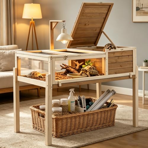 Furniture Style Tortoise Enclosure with Stand, Dual-Zone Tortoise Habitat with Hide Area, Built-in Lamp Holder, Large Acrylic Viewing Window, Easy Assembly Indoor Reptile Habitat