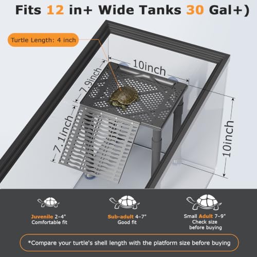 Upgraded Standing Turtle Basking Platform with Ramp, Built-in Feeding Tray | Adjustable Height, No Zip Ties, Non-Slip Ramp, Stable & Secure Turtle Dock for 30+ Gallon Aquariums (Fits Tanks 12+ In Wide) - size: 10 × 7.9 inch