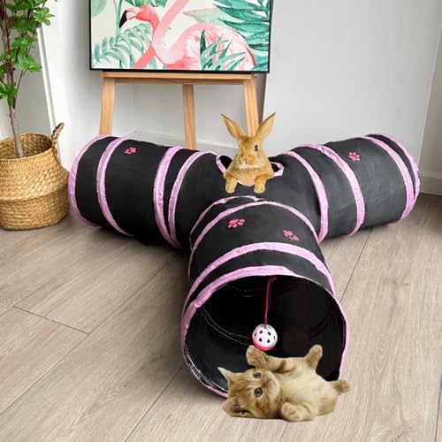 3-Way Collapsible Cat Tunnel Tube Toy Black Pink Paws | Interactive Play Tunnel by Hanging Ball & Peek Hole for Indoor Cats, Kittens, Puppies, Rabbits, Hours of Fun & Exercise - color: Black with Pink Paws