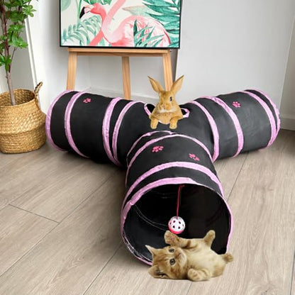 3-Way Collapsible Cat Tunnel Tube Toy Black Pink Paws | Interactive Play Tunnel by Hanging Ball & Peek Hole for Indoor Cats, Kittens, Puppies, Rabbits, Hours of Fun & Exercise - color: Black with Pink Paws