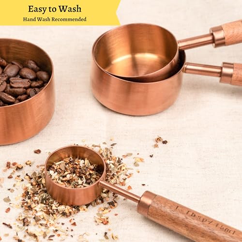 Copper Stainless Steel Measuring Cups and Spoons Set of 8, Wooden Handle with US and Metric Measurements