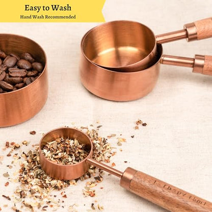Copper Stainless Steel Measuring Cups and Spoons Set of 8, Wooden Handle with US and Metric Measurements