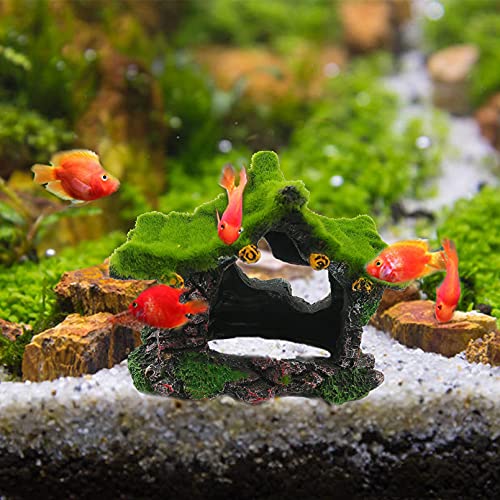 Tfwadmx Aquarium Decoration House Resin Hollow Betta Hideout House Fish Hide Tank Terrarium Accessories Cave Ornament for Small Shrimp Hideaway with Moss（2Pcs） - size: 2PCS