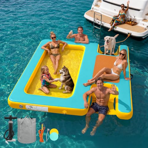 Inflatable Floating Dock with Water Ramp, Ladder, Hammock & Seat | 7ft/8ft/10ft Heavy Duty Platform Drop-Stitch PVC Mesh Fits Adults Family Couples Friends for Lake, River, Ocean Parties - color: Mint Green+Yellow+Brown, size: 8ft×8ft