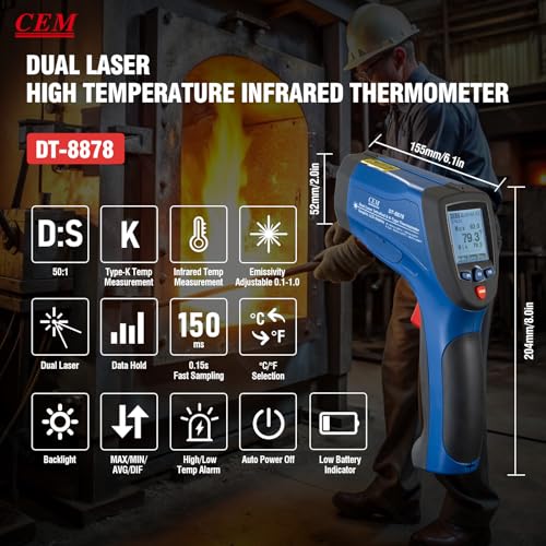 CEM DS 50:1 Infrared Thermometer Temperature Gun,-58°F to 2192F°Adjustable Emissivity IR Temp Gun,Dual Laser HVAC Cooking Pyrometer,0.15S Response Thermal Heat Leak Detector with K-Type Probe&USB