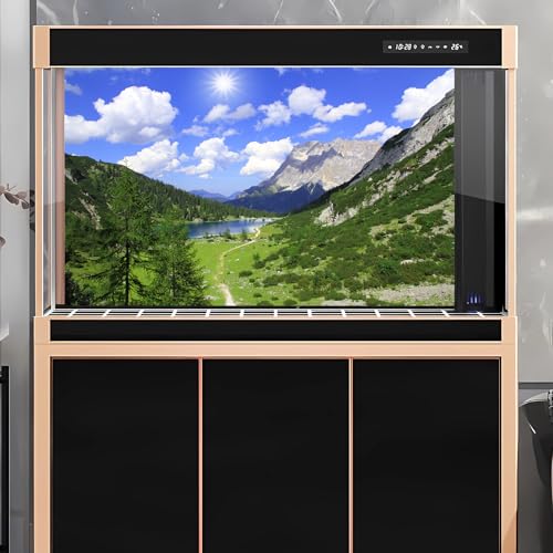 Mountains Aquarium Background Green Gobi Plants Pine Tree Terrarium Background Tranquil Lake Blue Sky Sunbeam with Cloud Fish Tank Background Mountain Theme Reptile Habitat Background 24x12in - color: Blue_Green, size: 24(W)x12(H)in