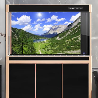 Mountains Aquarium Background Green Gobi Plants Pine Tree Terrarium Background Tranquil Lake Blue Sky Sunbeam with Cloud Fish Tank Background Mountain Theme Reptile Habitat Background 24x12in - color: Blue_Green, size: 24(W)x12(H)in