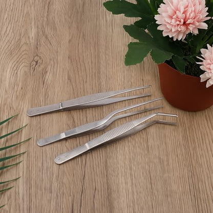 3pcs Plant Tweezers, Long Straight Stainless Steel Garden Bend Tongs Set Multi Purpose Tools for Gardening Bonsai and Reptile Feeding & Kitchen Use - style: A
