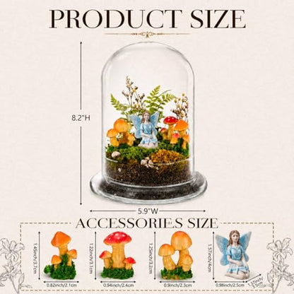 Hushee 5 Pack Decorative 1 Glass Cloche Dome 8.2'' x 5.9'' with 3 Mushroom & 1 Fairy Figurines Closed Mini Terrarium Glass Cloche with Base for Desk Small Plant Indoor Miniature Tabletop - No Plants - size: 8.2'' X 5.9''