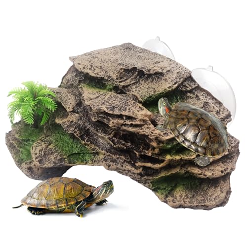 kathson Turtle Basking Platform with Suction Cup,Turtle Ramp Climbing Basking Platform Artificial Plants Decor Resting Basking Terrace Aquarium Ornament Rock for Frogs Lizards Bearded Dragon - style: Slope