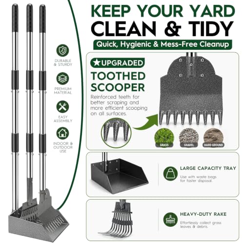 Pooper Scooper，Long Handle Dog Pooper Scooper，No More Bending , Easy to use | Easy to install,Upgraded Toothed Scooper，Free Extension Pole， Ideal for Yard, Lawn, Dirt & Gravel Ground，for Small-Medium Dog - size: Medium 3‑Pc Set
