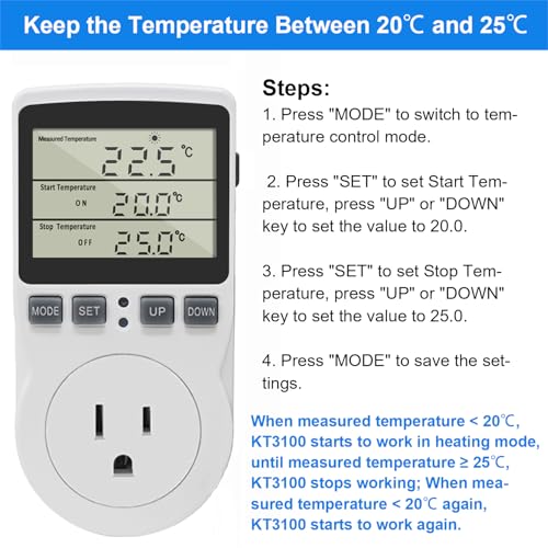 KETOTEK Digital Thermostat Outlet Plug Temperature Controller Outlet Socket 120V Heating Cooling Control 110V 15A Celsius Fahrenheit Display White - style: Non-backlit Style