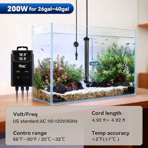 hygger Aquarium Heater,Submersible Fish Tank Heater with External Digital Display, Including Overheat & Leakage Protection and Temperature Sensor for Freshwater and Saltwater (200W for 26gal~40gal) - size: 200W for 26gal~40gal