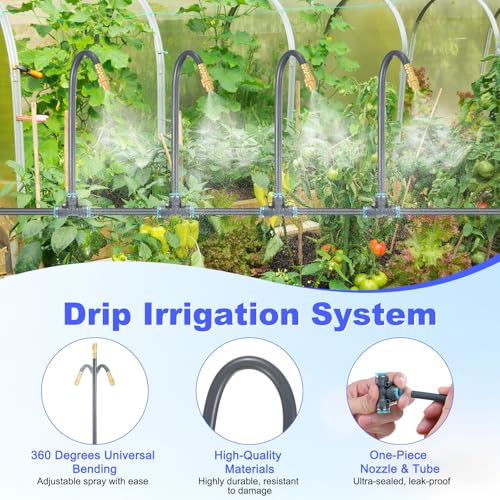 M METERXITY 1-Set Drip Irrigation System, 66Ft 5/16" Hose Garden Watering Misting System with 22pcs 360° Adjustable Copper Nozzles for Greenhouse/Yard/Lawn, Atomizing Watering Accessories - color: Gray + Gold Tone, size: 66Ft 5/16"