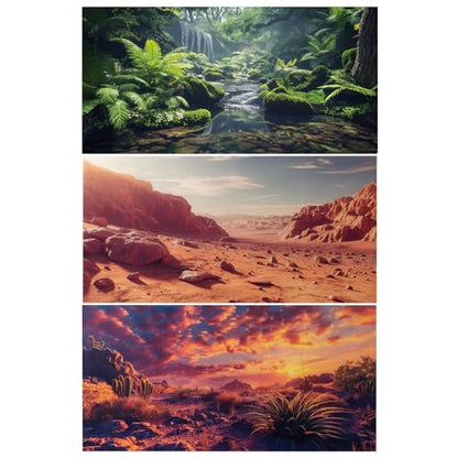 3 Pack Terrarium Background, 48x24 inch Polyester Reptile Background | Cloth Terrarium Background, Gobi Sunshine Cactus Stone & Green Tree Fern Stream Backgrounds, Backgrounds for Reptile Tank - size: 48x24 Inch