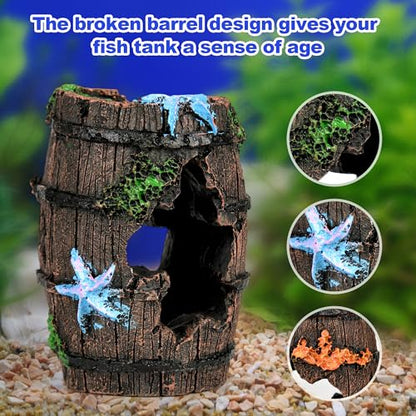 AmaQueen 3 Pcs Fish Tank Decorations, Aquarium Decor Ornaments, Betta Fish Axolotl House Hideout Cave Stuff Accessories, Set of 3 Resin Hollow Tree Trunk, Starfish Barrel, Shipwreck Ship (3)