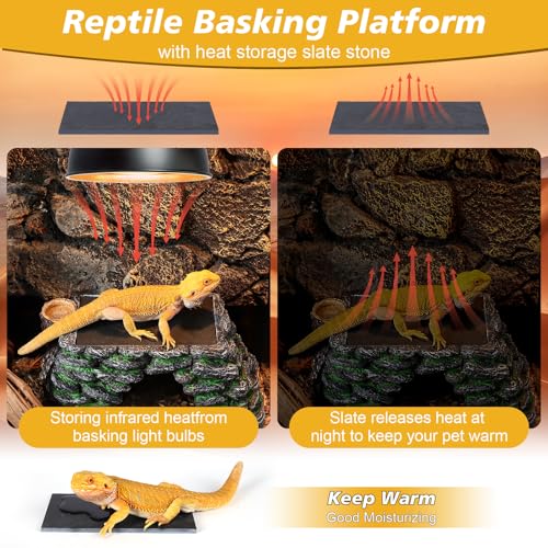 3 in 1 Large Bearded Dragon Basking Platform 13.4x7.1x5.3 in Scape Step Ledge Cave Hideout Natural Rock Reptile Food Bowl Reptile Tank Accessories for Lizard, Geckos, Ball Pythons, Tortoise