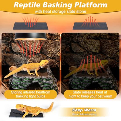 3 in 1 Large Bearded Dragon Basking Platform 13.4x7.1x5.3 in Scape Step Ledge Cave Hideout Natural Rock Reptile Food Bowl Reptile Tank Accessories for Lizard, Geckos, Ball Pythons, Tortoise