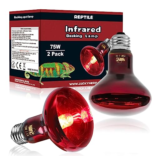 LUCKY HERP Infrared Heat Lamp 75W 2 Pack，Reptile & Amphibian Basking Spot Light Bulbs, Red Heat Lamp Bulbs for Reptiles, Bearded Dragon, Turtle, Lizard, Snake, Chicken - size: 75