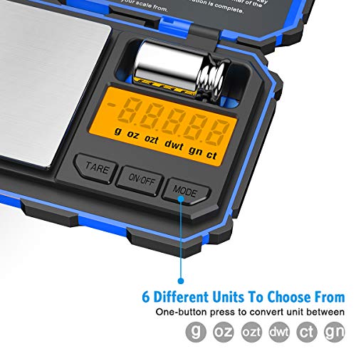 (Upgradaed) Digital Mini Scale, 200g /0.01g Pocket Scale, 50g Calibration Weight, Electronic Smart Scale, 6 Units, LCD Backlit Display, Tare, Auto Off, Stainless Steel (Battery Included) - color: Blue