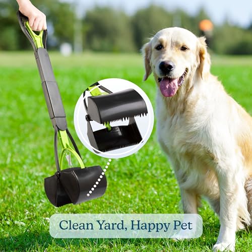 Pooper Scooper - Foldable Cat and Dog Poop Scoop with Ergonomic Handle - Enables One-Handed Use on Concrete, Grass, and Gravel by PETMAKER (Green)