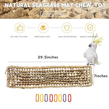 2Pcs Bird Seagrass Mat 30 × 7" Natural Grass Woven Net Hammock with Hooks Climbing Rope Ladder Chew Toys Hanging on Parrot Cage for Lovebird Pigeon Cockatiel Conure Budgie Cockatoo - size: 2Pcs 29.5" × 7"