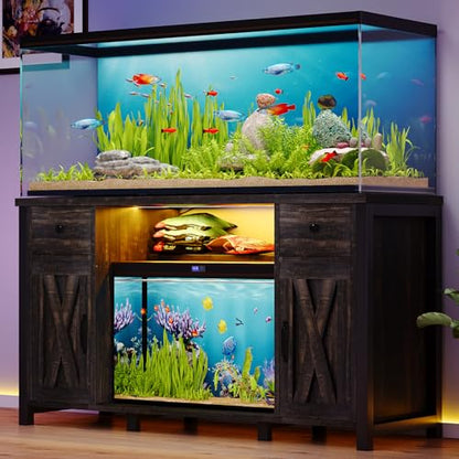 55-75 Gallon Fish Tank Stand, Aquarium Stand with Storage, Dark Oak | 52 x 20 In Top, Farmhouse Turtle Tank Stand, 2 Drawers & 2 Barn Doors, LED Light, Power Outlets, Shelf Storage, Heavy Duty - color: Dark Oak