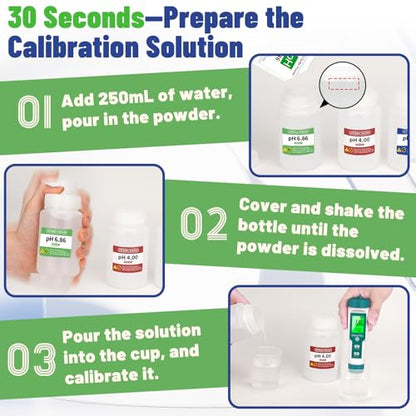 15 Pack pH Meter Calibration Solution Buffer Solution Powder for Precise & Easy Calibration, 4.00/6.86/9.18pH Buffer Powder with 3 Extra Bottles - Professional pH Tester Calibration Kit