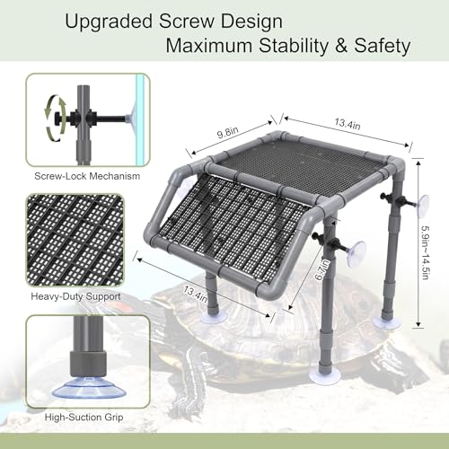Freestanding Turtle Basking Platform, 13.4" Wide for Tanks | Adjustable Height 5.9-14.5", Fits 40B-120 Gal, Screw-Fixed Suction Cups, Grass Mat, Feeding Bowl & Brush, - size: 13.4'' W