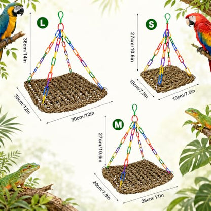 Reptile Hammock Lizard 、Parrot Basking Platform, Size M | Aquarium Grass Woven, Rainbow Chain Hammock, Bird Perch Swing Toy, Climbing Ladder for Bearded Dragon Gecko Chameleon - size: M