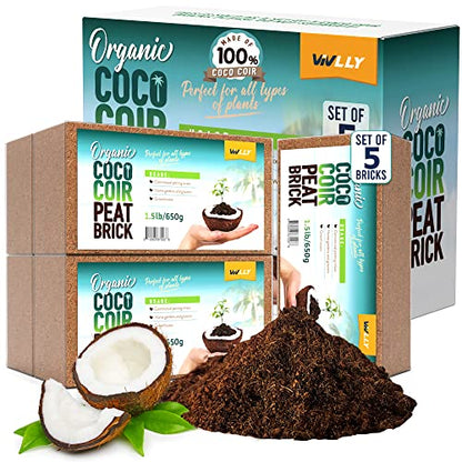 Coco Coir Bricks 5-Pack (650g Each) – Peat-Free Coconut Coir/Peat, Low EC & pH Balanced, High Expansion Seed Starter for Potting Mix, Hydroponics, Mushroom Substrate & Reptile Bedding