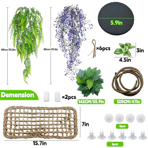 8PCS Bearded Dragon Hammock Reptile Basking Platform Rock Reptile Artificial Plants Leaves & Vines Lizard Habitat Decor Terrarium Tank Accessories for Hiding & Climbing Snake Gecko Bird Chameleon