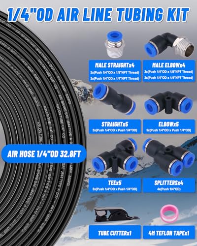1/4" Air Line Tubing Kit, 32.8FT(10M) SAE J844 PA Nylon Air Hose Tubing with Cutter and Teflon Tape, 1/4" Air Hose with Push to Connect Fittings for Air Brake System Or Fluid Transfer(30PCS)